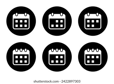 Set of calendar icon vector on black circle. Date sign symbol