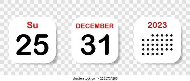 Set of calendar icons. 31 December. 2023, 25 Christmas day. The concept of waiting for an important date