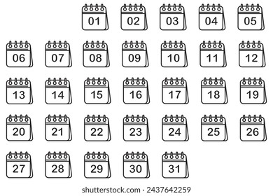 Set of calendar icons with all dates. Event reminder sign. Calendar that shows each date and holiday number from day 1 to day 31.