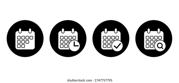 Legen Sie Kalendersymbole mit dem Häkchen sumbol, Erinnerungszeit und Suche fest. Vektorflachdesign.