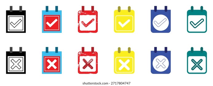 Conjunto de iconos de calendario con marca de verificación y símbolos cruzados en varios estilos y colores.