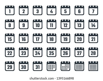 Set of calendar icons with dates from 1 to 31
