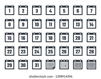 Set of calendar icons with dates from 1 to 31