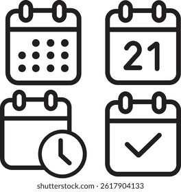 Set of Calendar icons in outline designs. Simple solid styles. Date, planner, pictogram, day, month, schedule and time event organizer vectors symbols concepts isolated on transparent background.