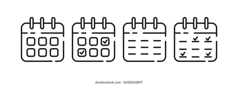 Set of calendar icons. Perfect for web design, mobile apps, planning tools, scheduling systems, reminders, and business presentations.