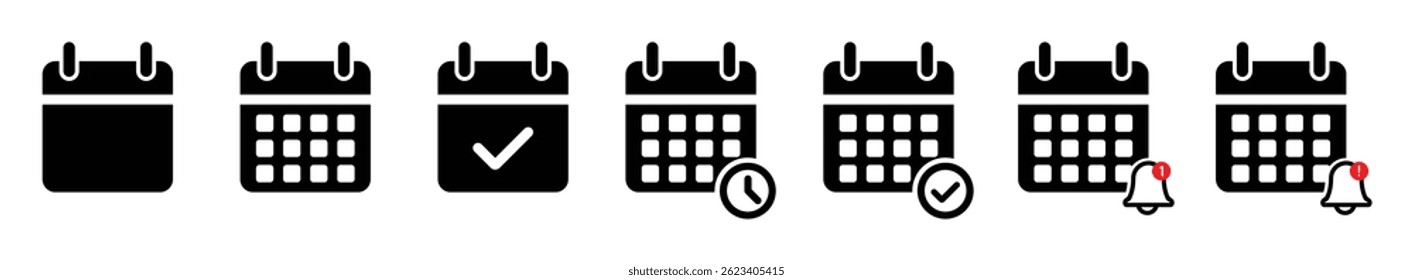 Set of calendar icons with various symbols including check mark, clock, and notification bell. Vector flat design, perfect for schedule, reminder, or planning app UI. Icons, vector, calendar, symbols.