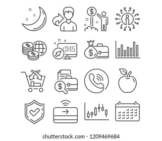 Set of Calendar, Income money and Salary icons. Contactless payment, Cross sell and Bar diagram signs. World money, Candlestick graph and Accounting report calendar symbols. Vector