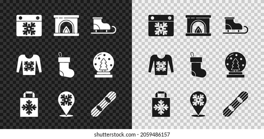 Set Calendar, Interior fireplace, Figure skates, Christmas shopping bag, Snowflake, Snowboard, sweater and stocking icon. Vector