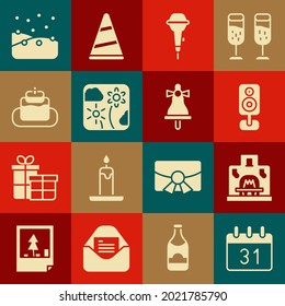 Set Calendar, Interior fireplace, Stereo speaker, Microphone, Firework rocket, Cake, Snowfall and Merry Christmas ringing bell icon. Vector