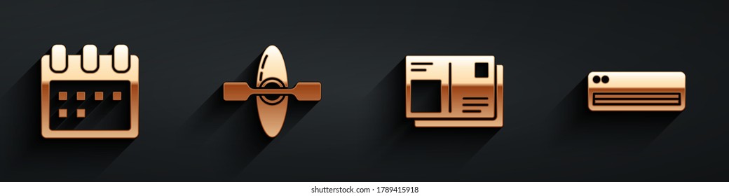 Set Calendar, Kayak or canoe, Passport with visa stamp and Air conditioner icon with long shadow. Vector