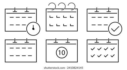 Juego de iconos de línea de calendario. Fecha, año, día, mes, feriado, día, evento, hora, año nuevo. Icono de vector para negocios y publicidad