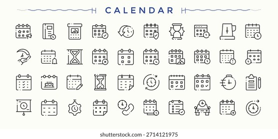 Conjunto de icono de línea de calendario. Incluye símbolos de línea delgada, fecha límite, organizador, evento, día, fecha y hora, organizar y más. Paquete de iconos web. Paquete de iconos de eventos. Arte vectorial editable.