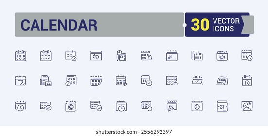 Set of Calendar line icons. Contains such icons as set, line, symbol, management, deadline, agenda, appointment, business. Simple icon designs. Editable vector icon and illustration.