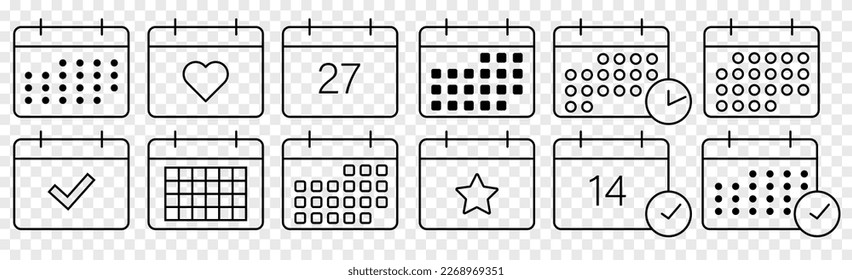 Conjunto de iconos de línea de calendario. Ilustración del vector aislada en fondo transparente
