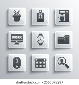 Set Calendar, Magnifying glass for search people, Document folder, Wrist watch, Computer mouse, Monitor with text work, Plant pot and Coffee machine icon. Vector