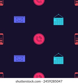 Set Calendar, Mail and e-mail, Phone call and Mobile Question Exclamation on seamless pattern. Vector