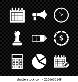 Set Calendar, Megaphone, Clock, Calculator, Pie chart infographic, Stamp and Battery charge level indicator icon. Vector