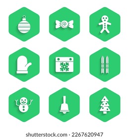Set Calendar, Merry Christmas ringing bell, tree, Ski and sticks, snowman, mitten, Holiday gingerbread cookie and ball icon. Vector