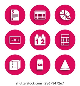 Set Calendar, Mobile calculator interface, Geometric figure Cone, Calculator, Cube, Chalkboard, Graph, schedule, chart, diagram and Test exam sheet icon. Vector