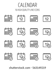Set of calendar in modern thin line style. High quality black outline month symbols for web site design and mobile apps. Simple calendar pictograms on a white background.