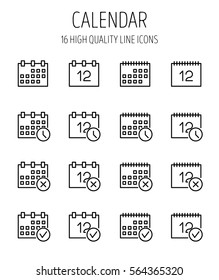 Set of calendar in modern thin line style. High quality black outline month symbols for web site design and mobile apps. Simple calendar pictograms on a white background.