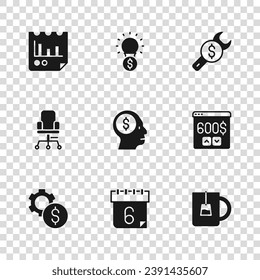 Set Calendar, Monitor with dollar, Cup of tea, Business man planning mind, Repair price, Document graph chart, Light bulb and Office chair icon. Vector