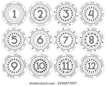Set calendar of months of the year with the name and decorative elements in the circle