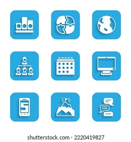 Establecer calendario, montañas con bandera, chat de burbuja de voz, monitor de computadora, teléfono con mensajes de chat, organigrama de jerarquía, globo terrestre e icono de estrella de clasificación. Vector
