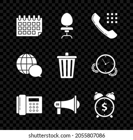 Set Calendar, Office chair, Telephone handset, Megaphone, Alarm clock with dollar symbol, World map made from speech bubble and Trash can icon. Vector