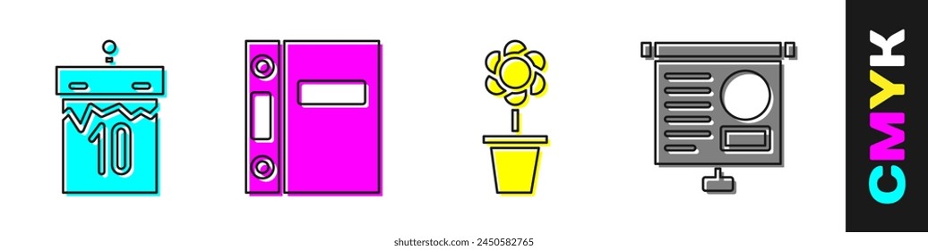 Set Calendar, Office folders, Flower in pot and Chalkboard with diagram icon. Vector