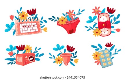 A set of calendar, pads, menstrual cup, pills with flowers. The concept of a woman's regular menstrual cycle. Menstrual period, menstruation, premenstrual syndrome, vector illustration of ovaries