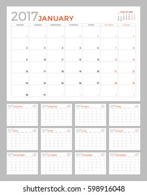 Set of Calendar Pages for 2017 Year. Vector Design Template. Week Starts Monday. Stationery Design