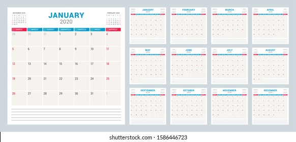 Set of calendar pages for 2020 year. Week starts on Sunday. Printable vector stationery design template