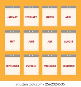 Set of calendar pages labeled with a month from January to December. Vector illustration. EPS10