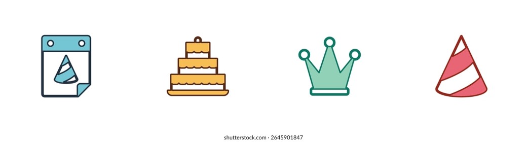 Fiesta del calendario, torta con velas encendidas, corona y icono del sombrero del partido. Vector