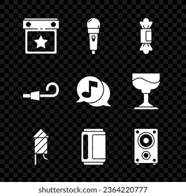 Set Calendar party, Microphone, Candy, Firework rocket, Beer can, Stereo speaker, Birthday horn and Musical note in speech bubble icon. Vector