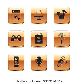 Set Calendar party, Stereo speaker, Microphone, Postcard with heart, Gamepad, Cocktail,  and Cake icon. Vector