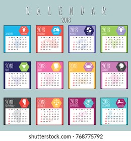 Set of calendar planner 2018 with western zodiac symbol (horoscope). week starts from Sunday. vector illustrator