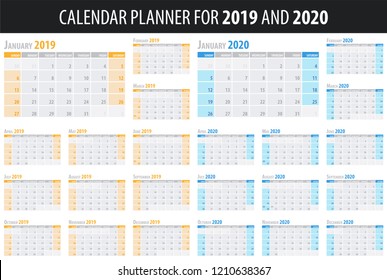 Set of Calendar Planners 2019 and 2020 years in clean minimal table simple style. Vector illustration