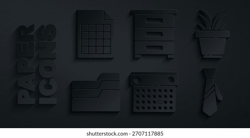 Establecer Calendario, Plantar en la olla, carpeta de documentos, empate, cajón con documentos e icono de archivo. Vector