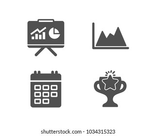 Set of Calendar, Presentation and Diagram icons. Victory sign. Event reminder, Board with charts, Growth graph. Championship prize.  Quality design elements. Classic style. Vector