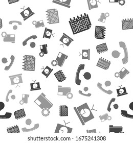 Calendar, Präsentations-Finanzboard mit Graphen, Diagramm, Diagramm, Infografik, Pie-Graphen, Telefonhörer und Sprechblase-Chat und Ordner-Einstellungen mit Gängen auf nahtlosem Muster. Vektorillustration