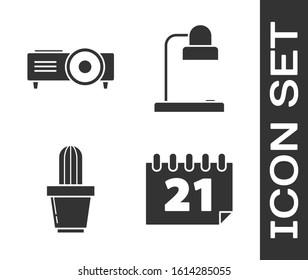 Set Calendar, Presentation, movie, film, media projector, Cactus and succulent in pot and Table lamp icon. Vector