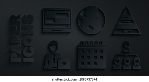 Set Calendar, Pyramid chart infographics, Businessman, Hierarchy organogram, Earth globe and Chat messages on laptop icon. Vector