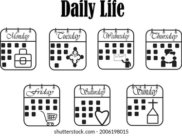 Conjunto de iconos de línea de vectores relacionados con el calendario. Contiene iconos como Vida diaria, Calendario de trabajo y más.