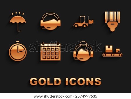Set Calendar, Scanner scanning bar code, Conveyor belt with cardboard box, Support operator touch, Stopwatch, Forklift truck, Umbrella and rain drops and icon. Vector