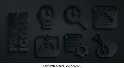 Set Calendar settings, autumn, Sunrise, Food time, Magnifying glass with clock and Clock icon. Vector