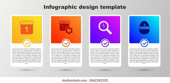 Set Calendar, settings, Magnifying glass with clock and Kitchen timer. Business infographic template. Vector