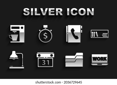 Set Calendar, Shelf With Books, Laptop Text Work, Document Folder, Table Lamp, Address, Coffee Machine And Time Is Money Icon. Vector