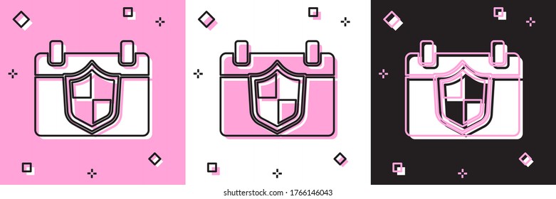 Set Calendar with shield icon isolated on pink and white, black background. Insurance concept. Guard sign. Security, safety, protection, privacy concept. Vector.